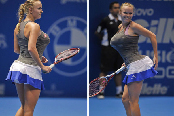 Hun er ikke længere verdensetter, men Wozniacki er i top, når det kommer til skøre påfund under opvisningsturneringen Gillette Federer Tour i Sao Paolo, Brasilien, i disse dage. Udover kampen mod Maria Sharapova muntrede hun sig også med en parodi af Serena Williams. Foto: AFP