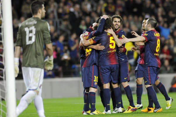 Barcelona-spillerne jubler efter en scoring i 4-0-sejren over Espanyol Foto: STRINGER/SPAIN